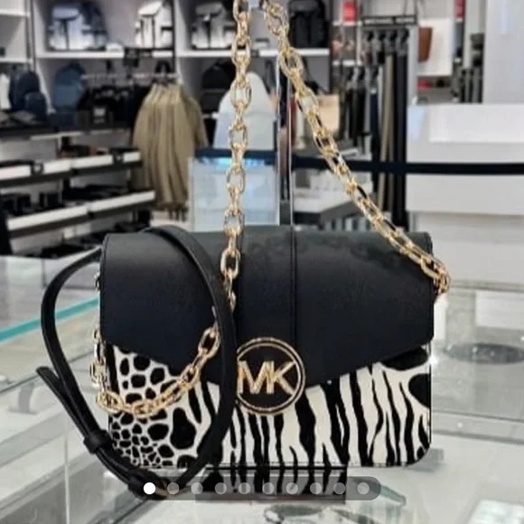 Michael Kors Carmen Medium Flap Chain Shoulder Crossbody Bag Black Haircalf - Picture 12 of 16